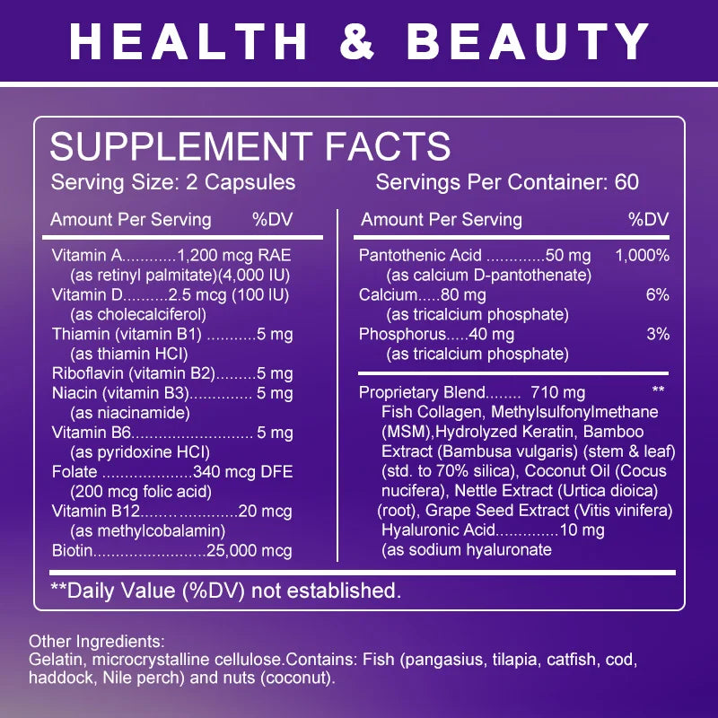 Free Sipping Biotin & Collagen Supplement Nails,Shiny Hair,  Skin,Vegetarian Capsules Beauty Health