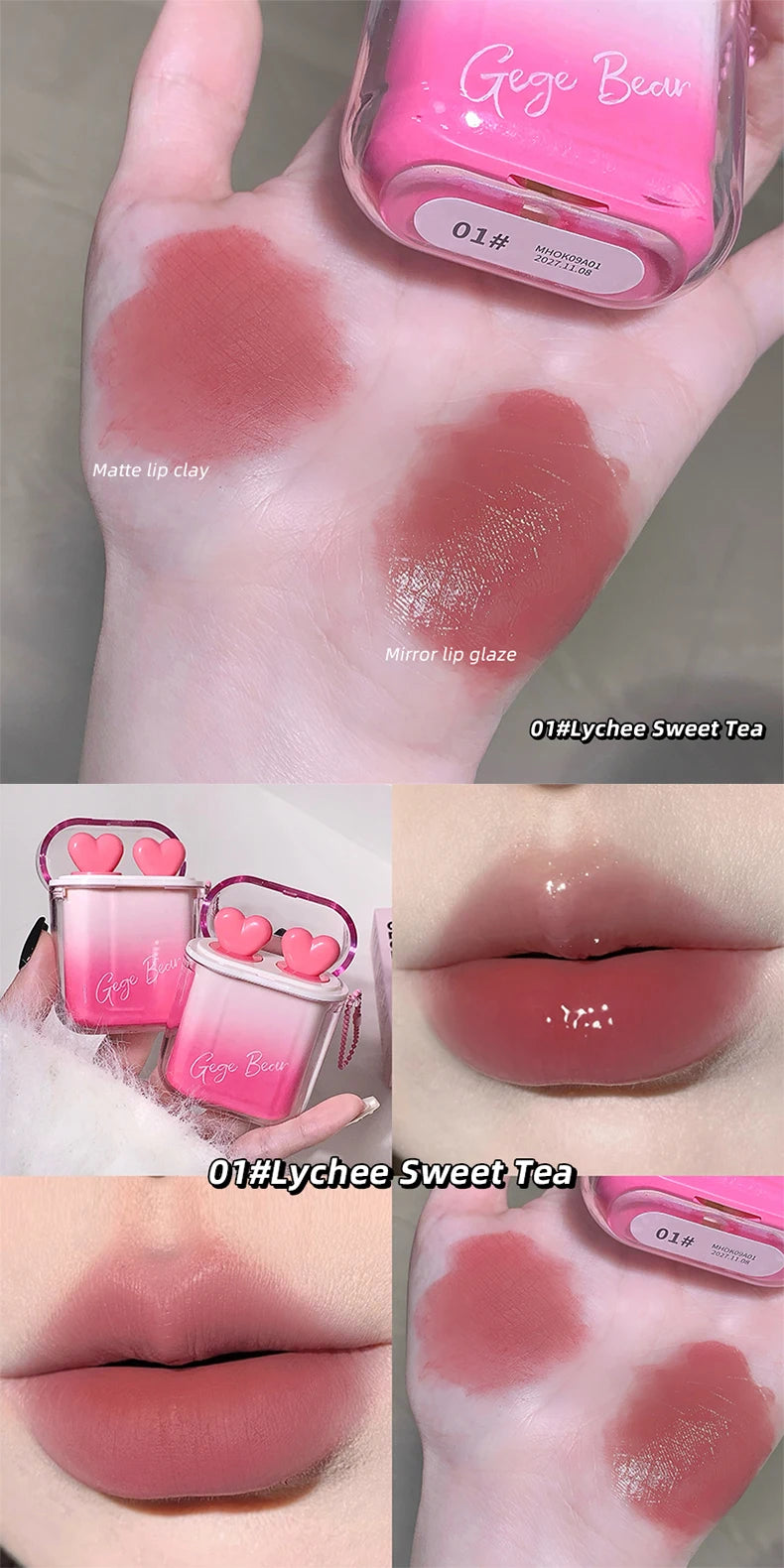 GEGE BEAR Heart-beating Water Gloss Velvet Matte Lip Glaze Combination Two-pack Mirror Matte Headphone Shaped Pendant Lip Glaze
