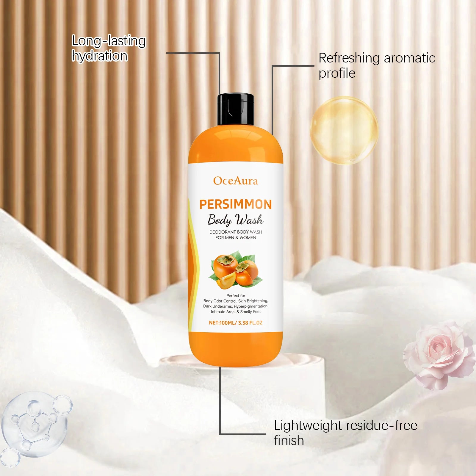 Persimmon Body Wash Gel Gentle Cleansing Moisturizing Skin Exfoliating Shower Gel Smooth Soft Body Odor Remover Bath Products