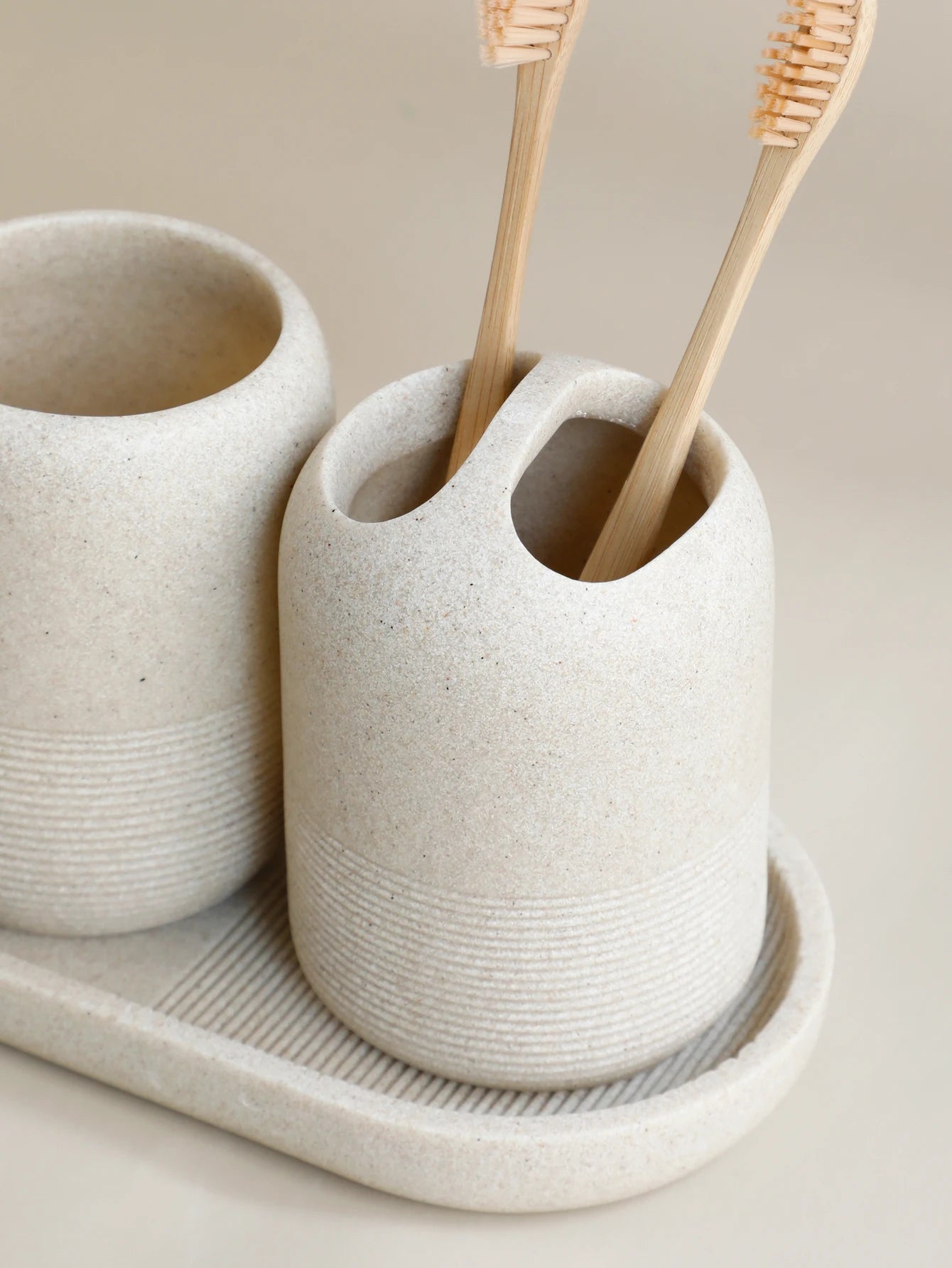 5Pcs athroom Accessories set  Lotion Dispenser Toothbrush Holder Tray Tumbler Cup Soap Dish Beige and Grey