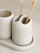 5Pcs athroom Accessories set  Lotion Dispenser Toothbrush Holder Tray Tumbler Cup Soap Dish Beige and Grey
