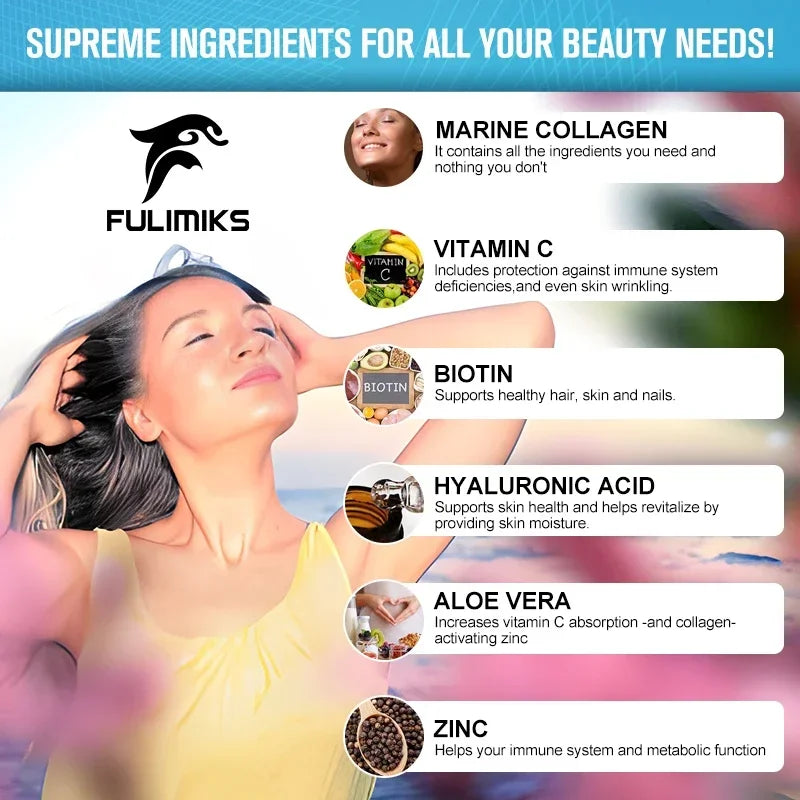 Premium Hydrolyzed Marine Collagen Supplement, with Hyaluronic Acid, Vitamin C & E, Promotes Glowing Skin, Hair & Nails Health