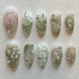 24Pcs Mid-length Gilded Almond Nails Set Press on 3D Flower Gradient Pink Full Cover False Nails Tips Pearl Reusable Fake Nails