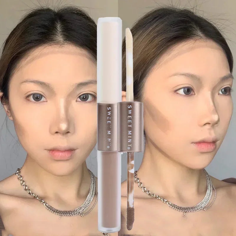Double Head Face Contouring Stick 2 in 1 High Gloss Grey Brown Matte Nose Shadow Cream Brighten Highlighter Face Bronzer Makeup