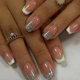 24Pcs Medium Short Square False Nails Glittering Nail Art White Wearable Fake Nail Silver French Full Cover Press on Nail Tips