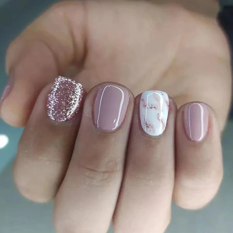 24 PCs Short French Glossy Glitter Nails with 1 Jelly Gel and 1 Nail File