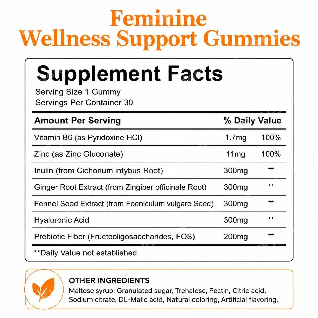 All Femme Chewable Feminine Wellness Support Gummies with Probiotics Prebiotics Hyaluronic Acid Vitamin B6 and Zinc 30 Gummies