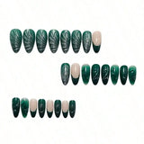 24Pcs Cool-Tone Green Press On Nails 3D Wavy French Cat Eye For Women Party Daily