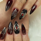 24Pcs Dark Press on Fake Nails with Black Glitter 3D Metallic Designs Sweet Cool Almond False Nails Detachable Nails Spice Girls