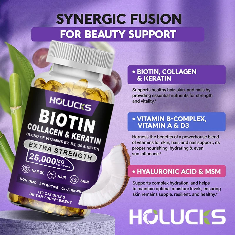 Biotin+Collagen+Keratin Capsules, Hydration, Promotes Hair Growth, Strengthens Weak Nails, Joints & Bones, Anti-Aging, Whitening
