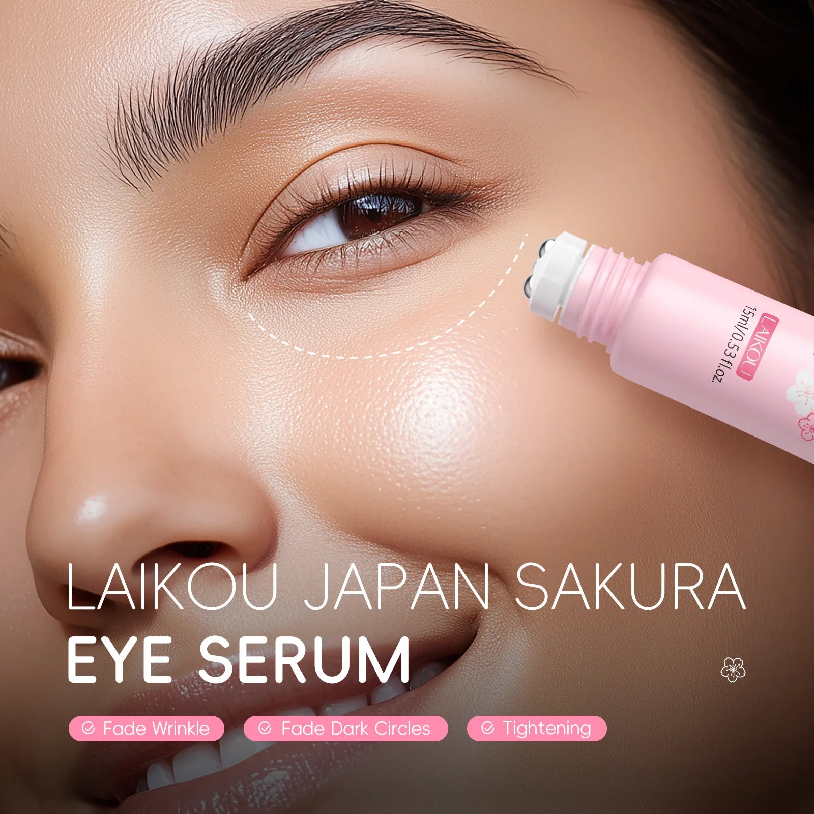 LAIKOU Sakura Roller Eye Serum 15ml Moisturizing Eye Care Reduce Dark Circles Puffiness Fine Lines Anti Aging Brightening Eye