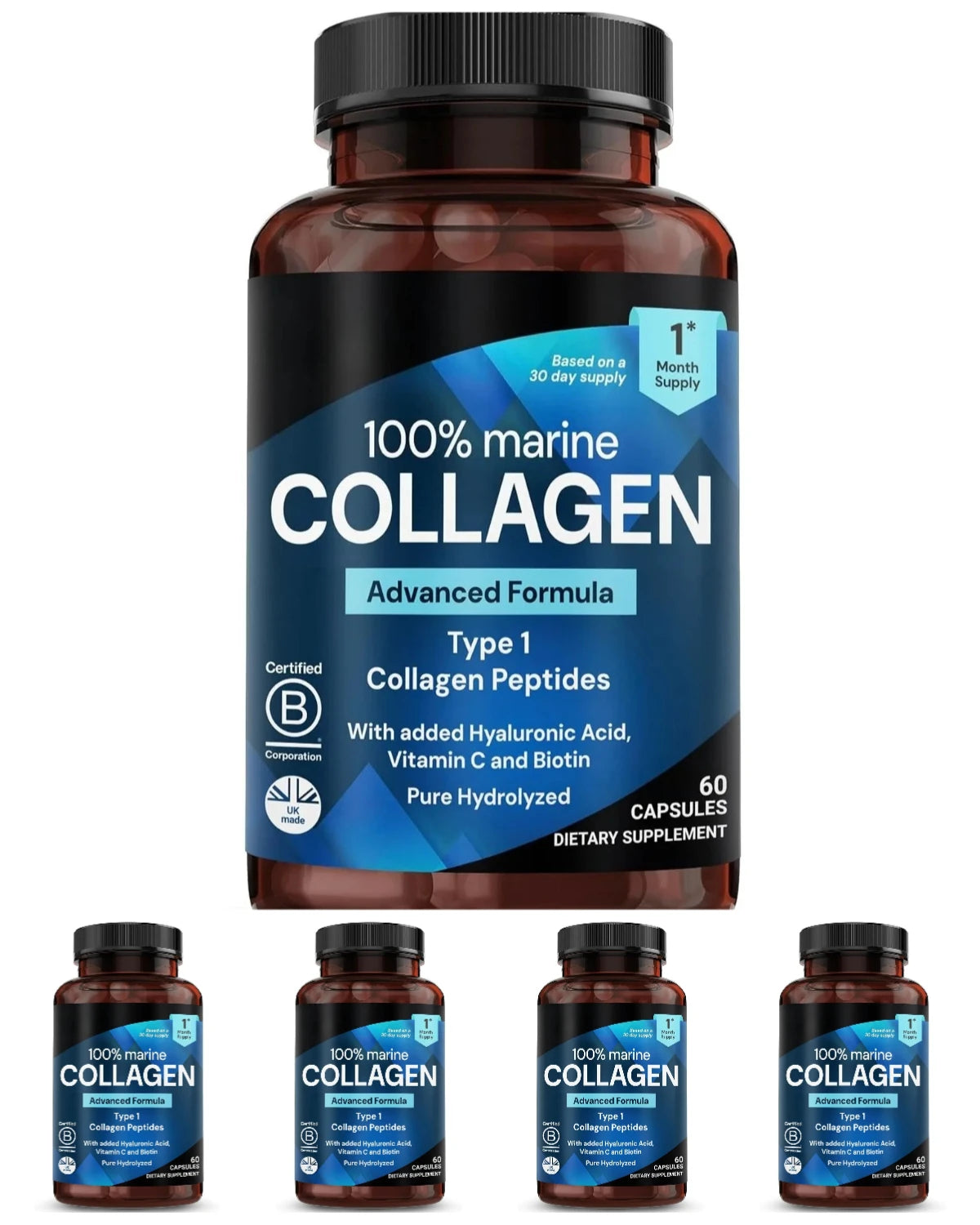 Marine Collagen Capsules for Women & Men, Type I Peptides with Hyaluronic Acid, Vitamin C & Biotin, Beauty Glow Nails, 60 Count