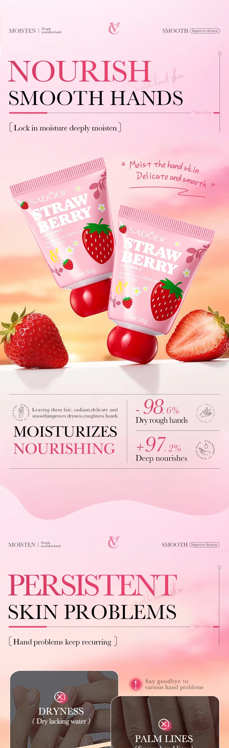 Strawberry VC Hand Cream - 30g Brightening Moisturizer for Winter, Repairs Dry Cracked Skin, Lightweight Fast Absorbing Formula