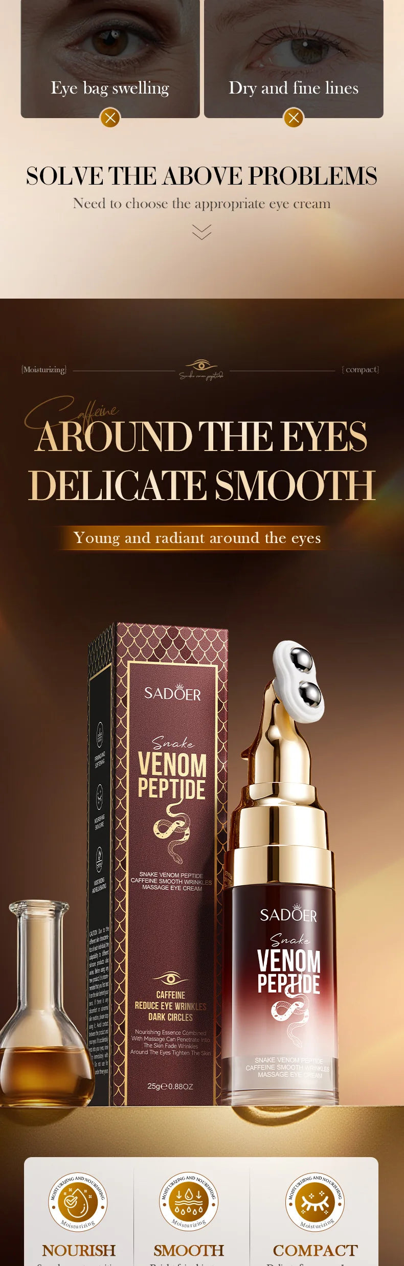 SADOER Snake Venom Peptide Caffeine Anti Wrinkle Massage Eye Cream Anti Dark Circles Anti-Aging Moisturizing Eyes Skin Care