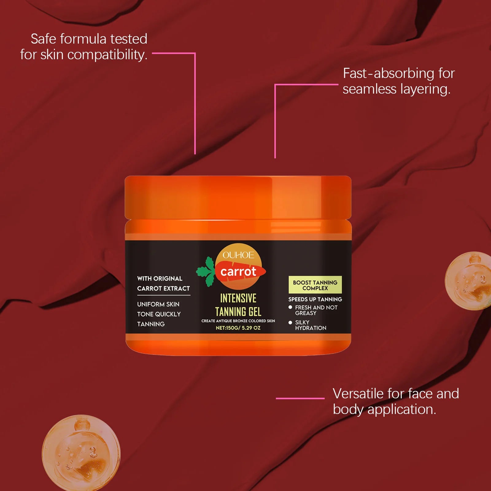 Carrot Tanning Gel Hydrating Lightweight Fast Absorbing Bronzing Gel Moisturizing Natural Sunless Tan Enhancer for Face & Body