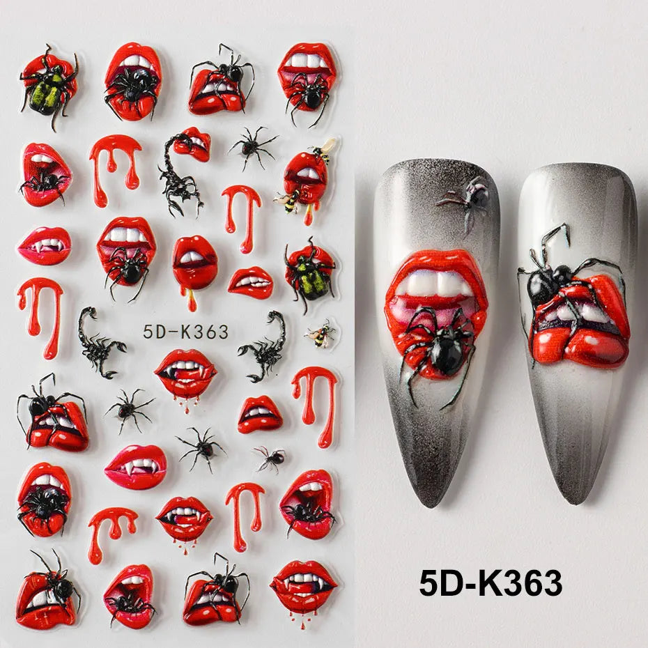 1/2pcs Charming Embossed Lips & Spider Nail Decals 5D Sexy Red Lip Nail Art Sticker Halloween Punk Style Manicure Accessories