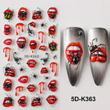 1/2pcs Charming Embossed Lips & Spider Nail Decals 5D Sexy Red Lip Nail Art Sticker Halloween Punk Style Manicure Accessories