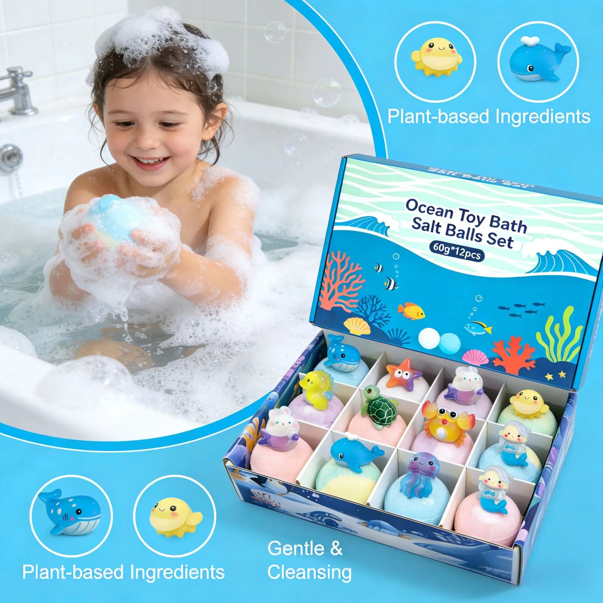 Bath Bombs Gift Set, Ocean Toy Bath Salt Ball Sleeve Box Bath Bombs, Bath Bombs with Surprise Inside, Bubble Bath 60g*12