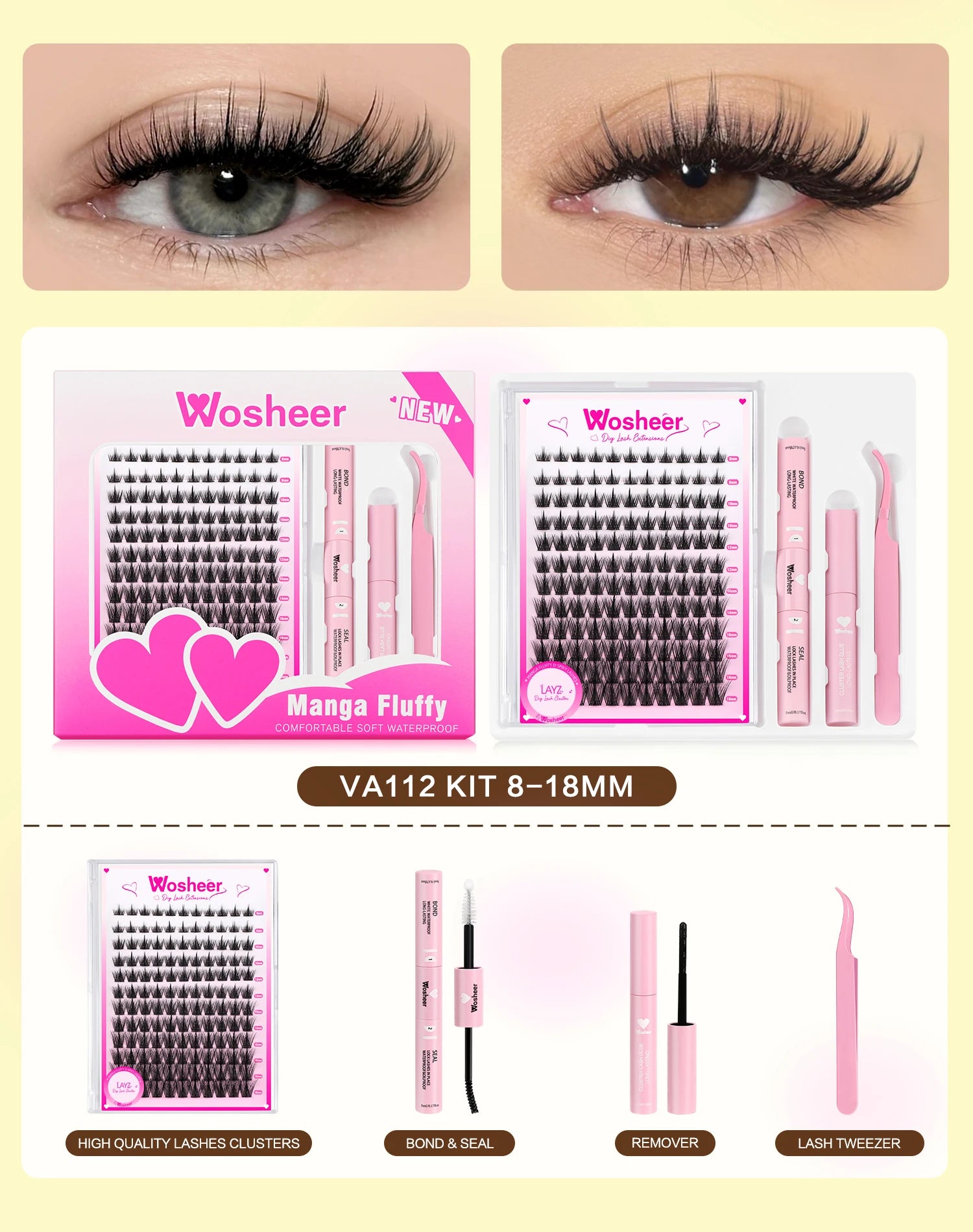 WOSHEER Eyelash Clusters Kit Thick Individual Lashes Lash Bond And Seal And Remover Faux Mink Lashes Eyelash Extension DIY