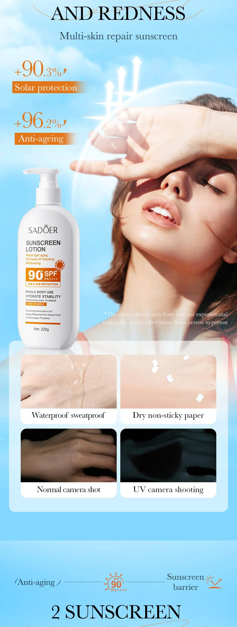 Lotion Solaire Pour Le Corps Et Le Visage, Super 220g, 50g Small Bottle Size, SPF 90 PA +++++, Utilisation Pour Tout Le Corps,
