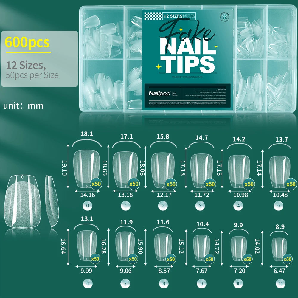 NAILPOP Soft Gel Nail Tips 600PCS Pre-Buff Full Cover Coffin Almond  Oval Shaped Nail Extenison Tips Half Matte Gel X Fake Nails