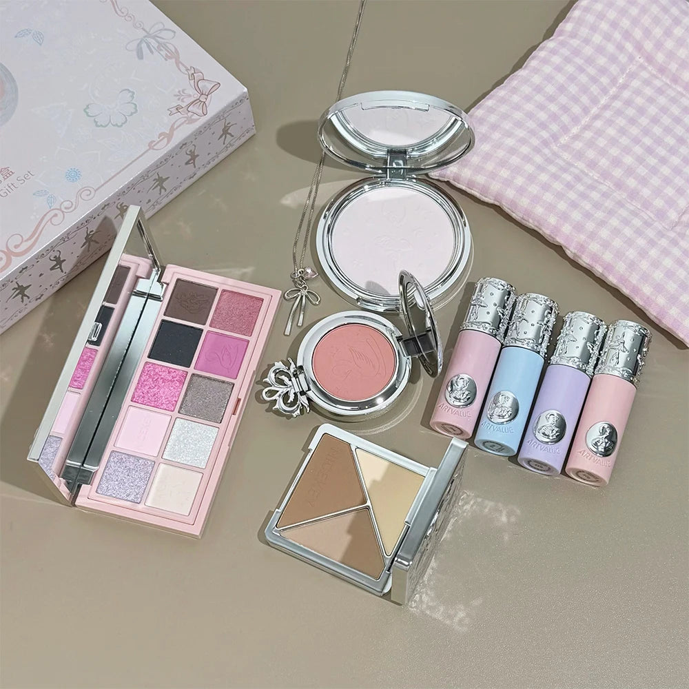 NICEKEY Pink Ballet Makeup Sets Include 4 Lip Mud,1 Blush,1 Pressed Powder,1 Eyes Palette,1 Contour Palette With Necklace Gift