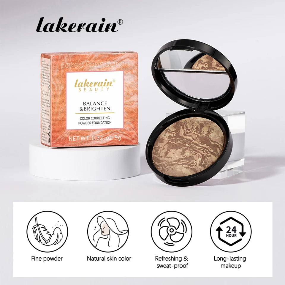 Demi Matte Natural Finish Baked Brighten Color Correcting Powder Foundation Buildable Light to Coverage Oil Control Makeup