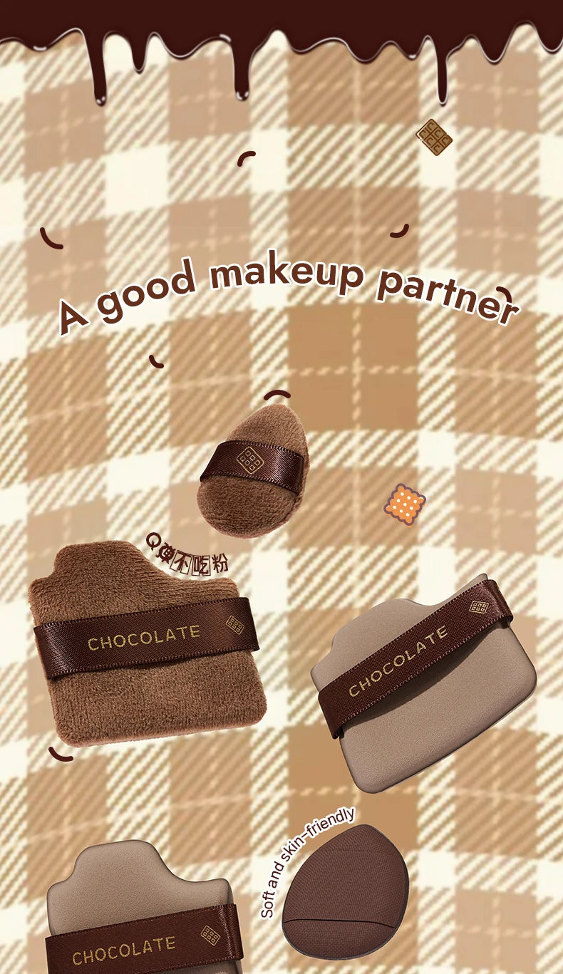GECOMO 6 PCS Chocolate Powder Puff Set, Wet And Dry Sponge, Soft Leather Flocking Makeup Cushion