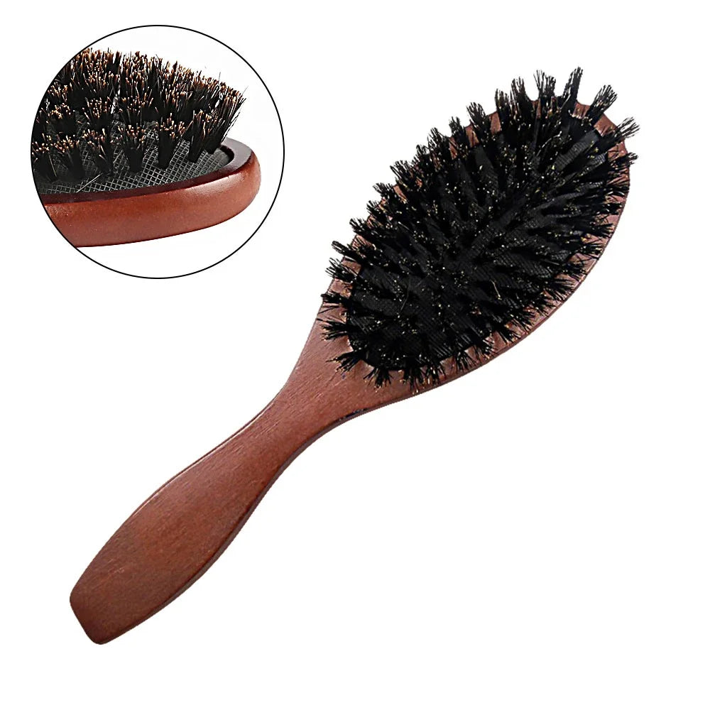 Natural Boar Bristle Brush Comb Anti-Static Oval Hairdressing Hair Styly Comb Wood Woman Hairbrush