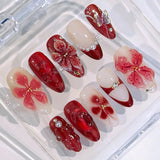 24Pcs Autumn Winter Matte Almond False Nails with Glue Rose Leaf Printing Nail Art Simple Full Cover Press on Acrylic Nails Tips
