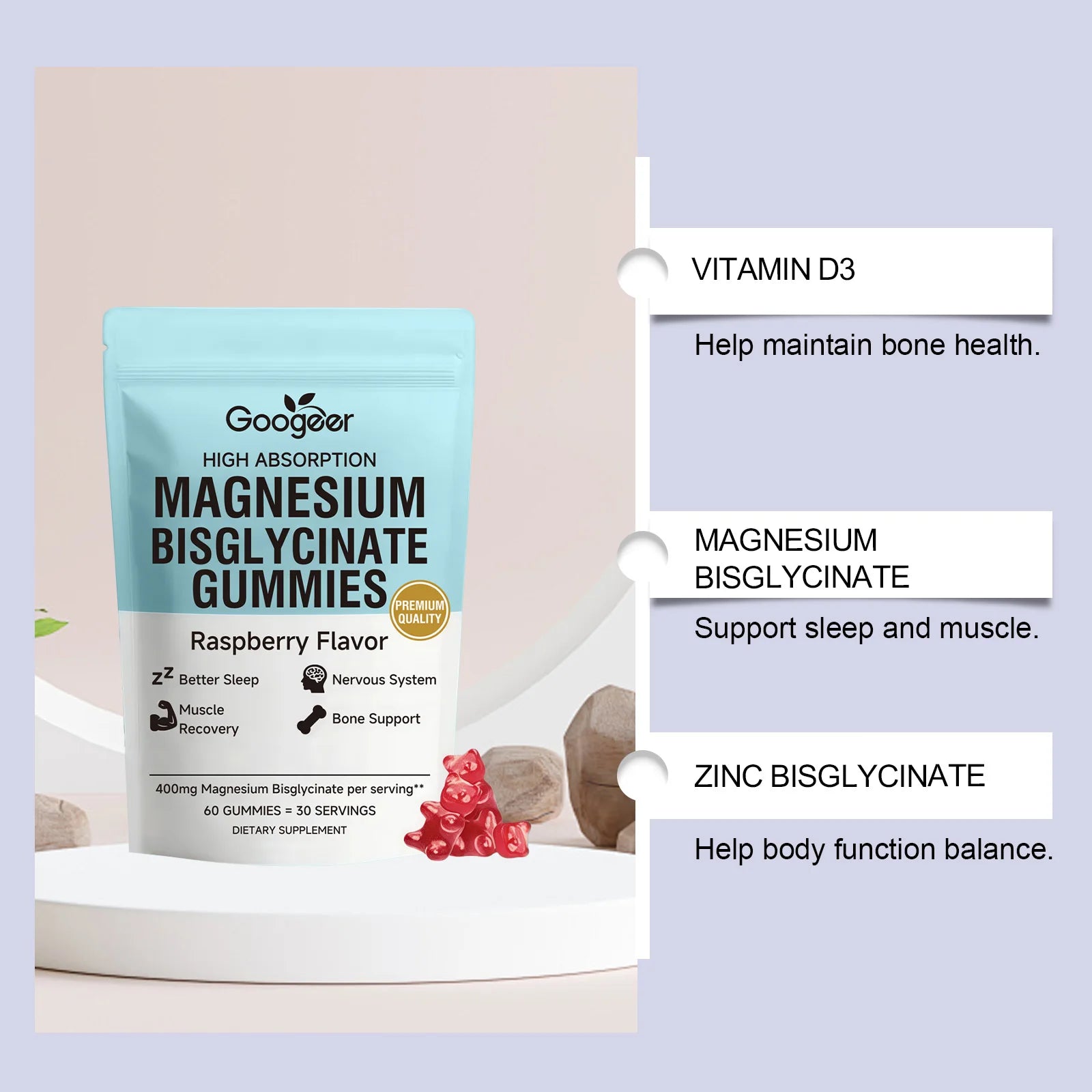 Magnesium Bisglycinate Gummies 400mg, 60 Count, Adult Daily Wellness Supplement for Bone Muscle Sleep Support