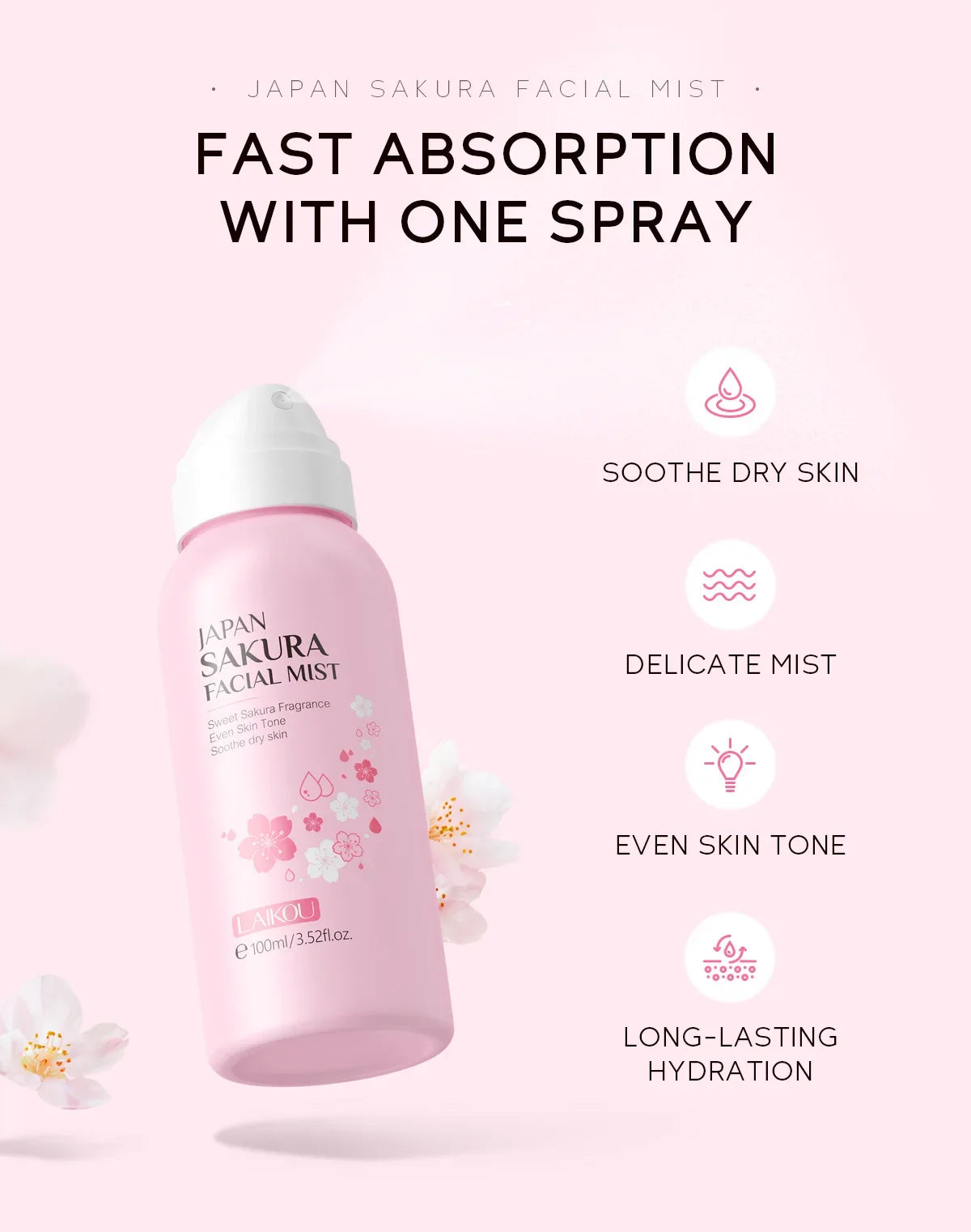 LAIKOU Sakura Facial Mist Brightening Spray Moisturizing Face Serum Brightening Toner Shrink Pores Oil Controlg Skincare 100ml