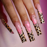 24Pcs Long Square Press on Nails Leopard Print French 3D Cherry Design False Nail Rhinestone Wearable Full Cover Fake Nails Tips
