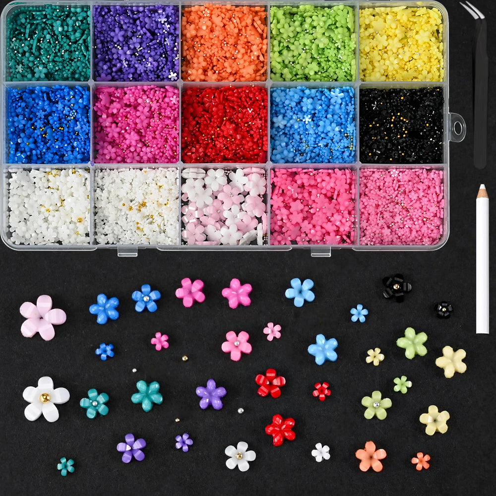 12Grid/Box Mixed Resin Bowknot Nail Charms 3D Colorful Bow Kawaii Rhinestone Nail Art Decorations DIY Manicure Parts Pen Tweezer