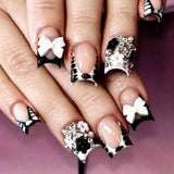 Y2K 24Pcs Set French Style Black & White Tie Dye Polka Dot Press-On Nails, Reusable, With Bowknot, Star Rhinestones, Cute & Chic, Suitable For Dates, Spring, New Year, Christmas, Daily, Birthday, Festival, Spring/Summer New A