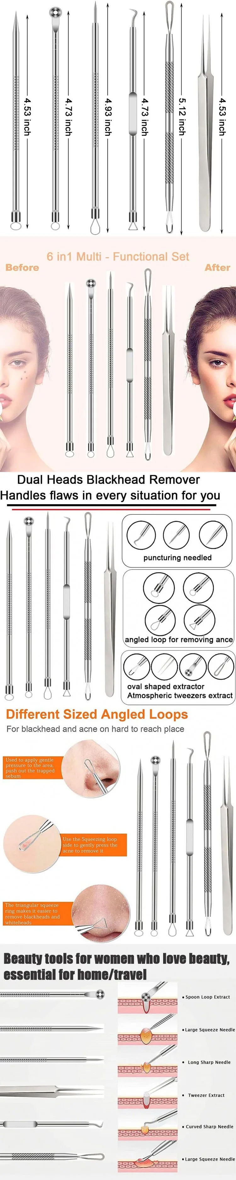 6PCS Pimple Removal Tool Blackheads Acne Remover Face Cleaning Kit Black Dots Remover Acne Tool Pimple Patches Acne LBHL16