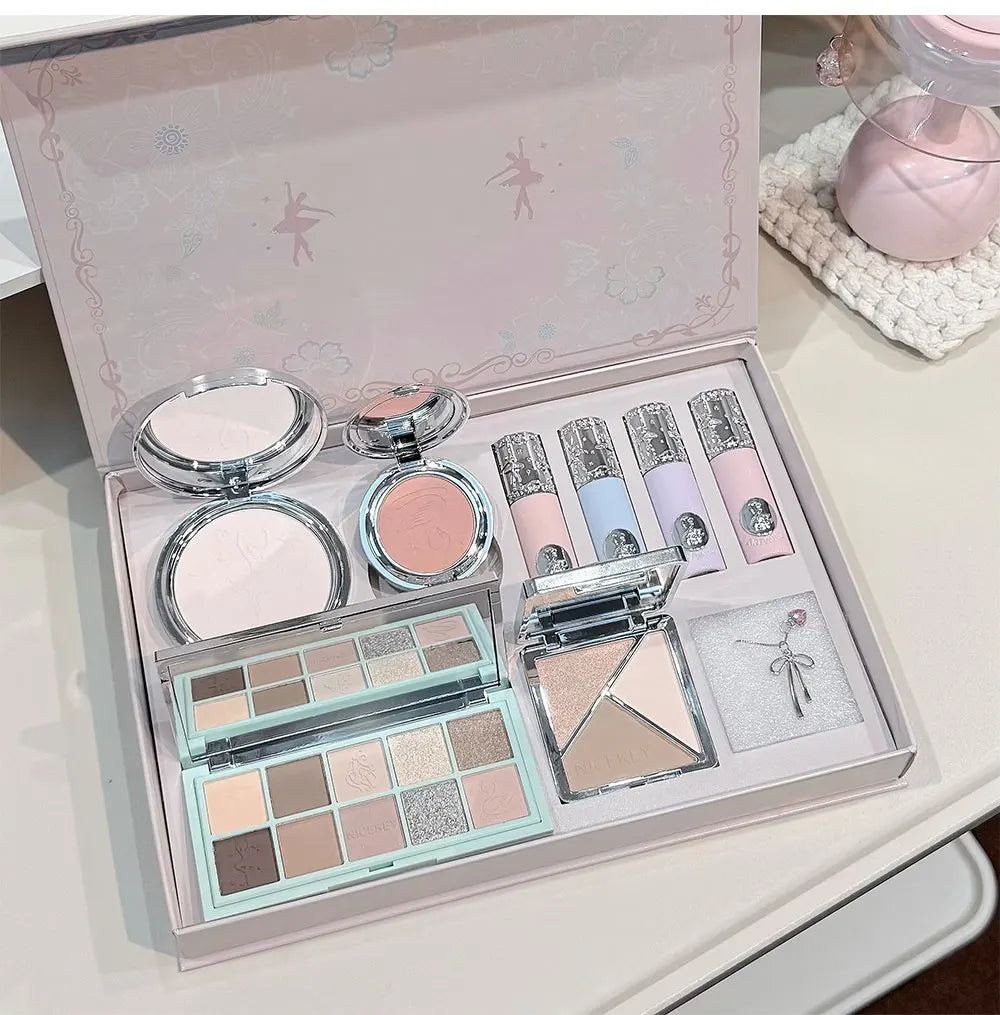 NICEKEY Pink Ballet Makeup Sets Include 4 Lip Mud,1 Blush,1 Pressed Powder,1 Eyes Palette,1 Contour Palette With Necklace Gift