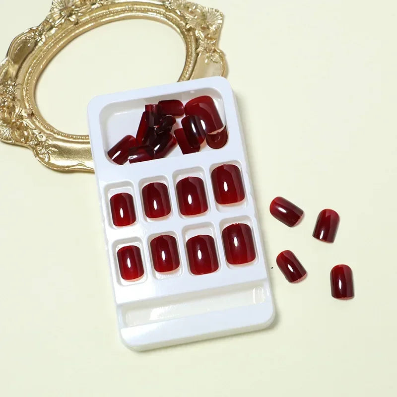 24Pcs Solid Color Wine Red Design Fake Nail Short Square Press on False Nails Simple Detachable Finished Full Cover Nail Tips