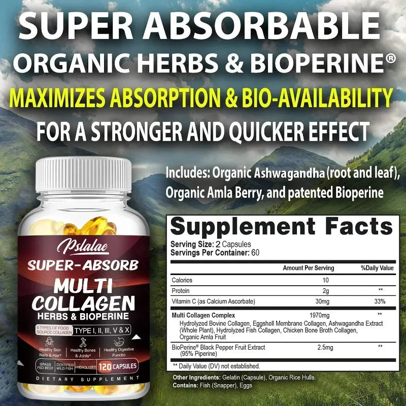 Multi Collagen Capsules - Collagen Skin Whitening & Anti-Aging - Vitamin C, Hyaluronic Acid, Gluten Free Supplement