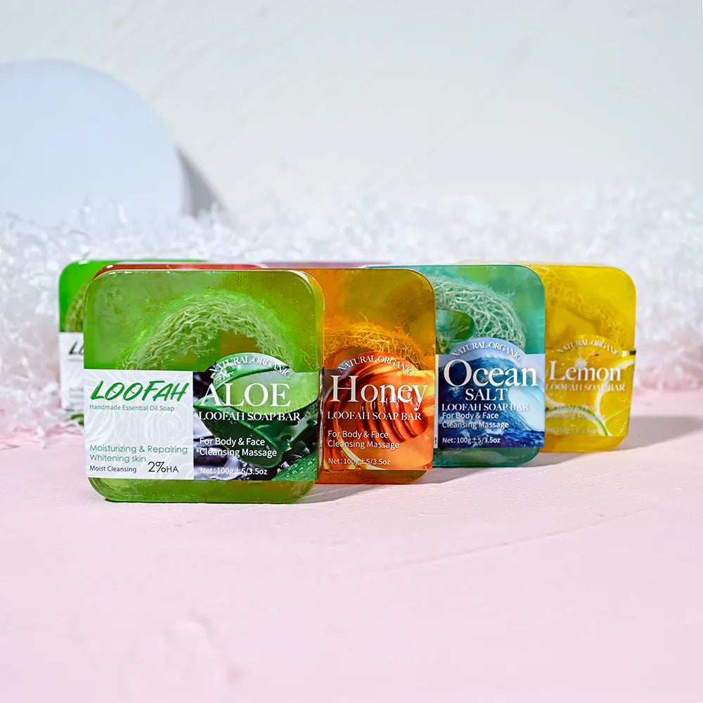 Handmade Kojic Acid Soap with Loofah 100g Lemon Lavender Rose Turmeric Essential Oil Bath Bar New Design Exfoliating Cleansing