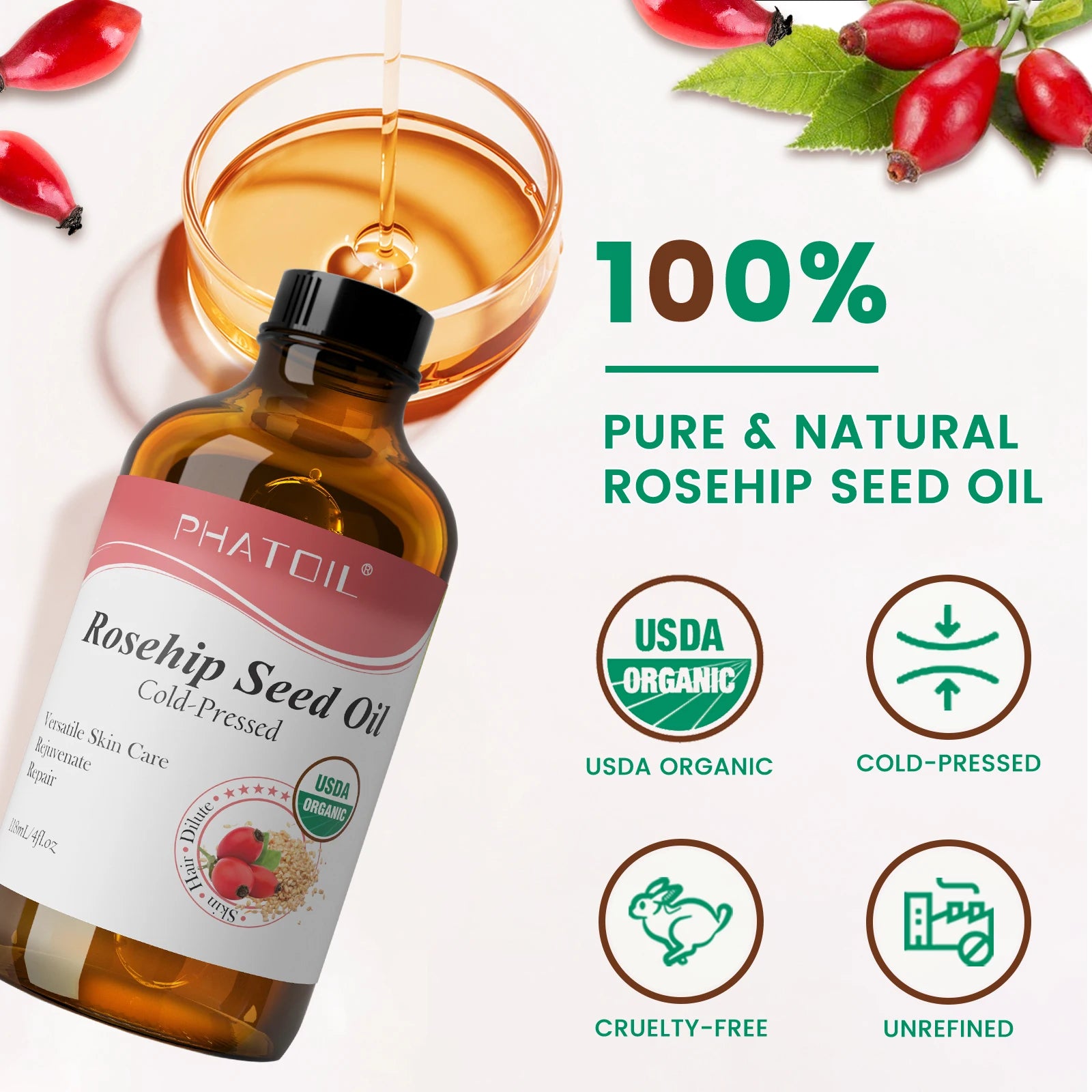 PHATOIL 118ml Organic Face Oil Natural Cold Pressed USDA Carrier Oils- Castor Oil,Jojoba,Moroccan Argan Oil,Rosehip Seed Oil