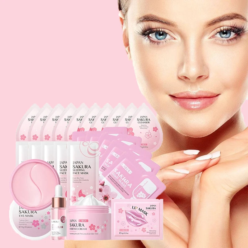24pcs Sakura Skin Care Set Eye & Lip Masks Serum Nud Masks Cleanser Toner Essence Cream Moisturizing Smoothing Nourishing Beauty