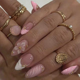 24PCS Pink Almond Press on Nails Full Cover Carved Flower 3D Ripples French Fake Nails for Women with Golden Pearl Wearable Nail