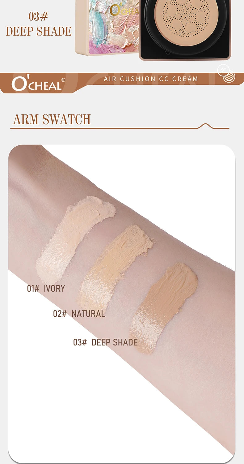 O'CHEAL Mushroom Cushion CC Cream Face Airy Coverage Long-lasting Moisturizing Waterproof Oil Control Concealer BB Cream Makeup