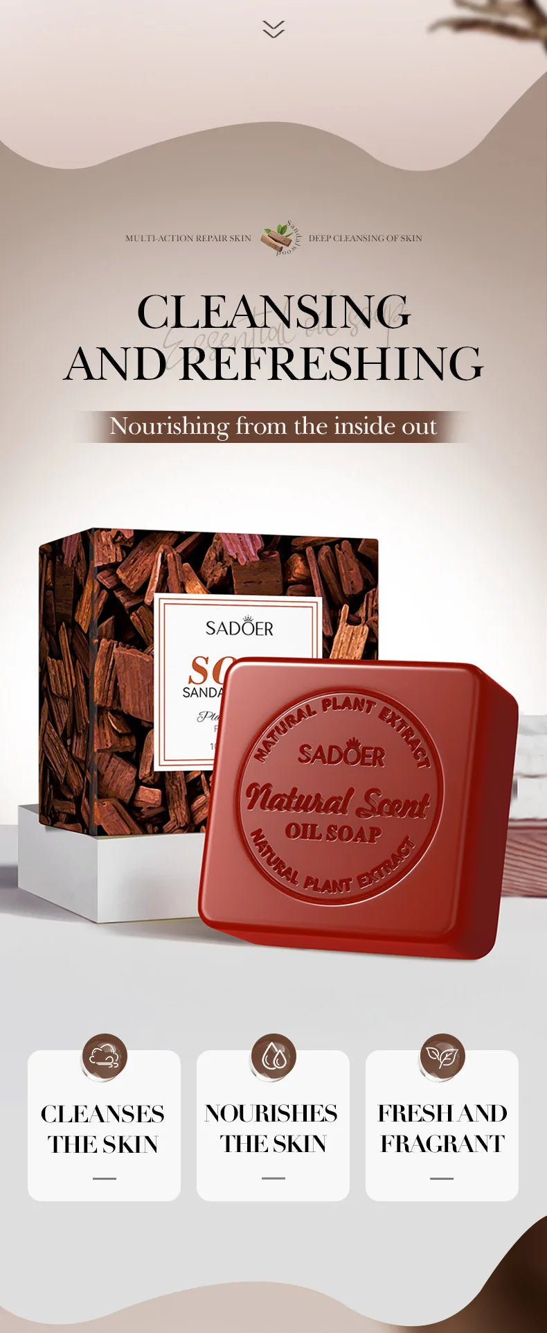 Sandalwood Handmade Soap for Women Deep Cleansing Body Whitening Essential Oil Shaving Soap Skin Lightening Foam Cleaner