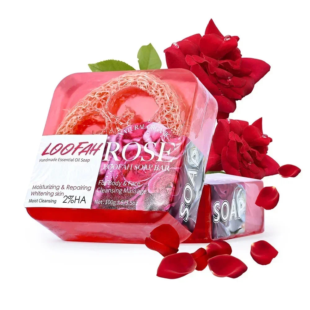 Handmade Kojic Acid Soap with Loofah 100g Lemon Lavender Rose Turmeric Essential Oil Bath Bar New Design Exfoliating Cleansing