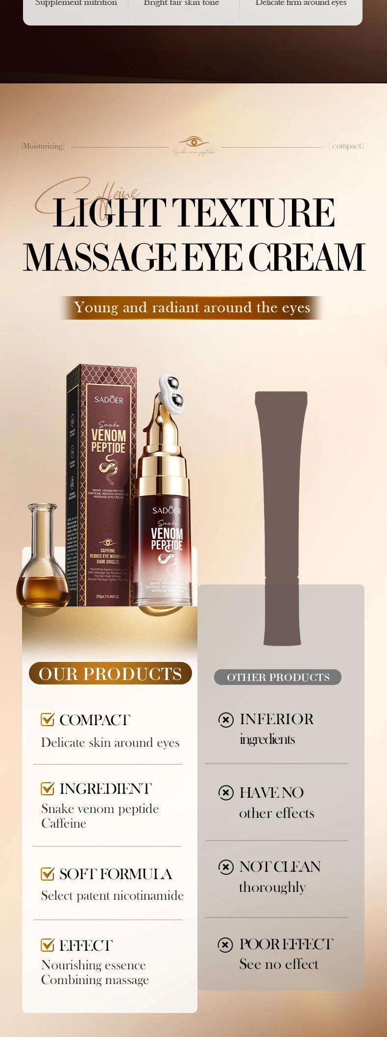SADOER Snake Venom Peptide Caffeine Anti Wrinkle Massage Eye Cream Anti Dark Circles Anti-Aging Moisturizing Eyes Skin Care