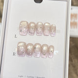 10Pcs Sweet Mid-length Ballet False Nails Art Fashion Pink Cat Eye Lovely Bow Wearable Finished Nails Set Summer Acrylic Nails