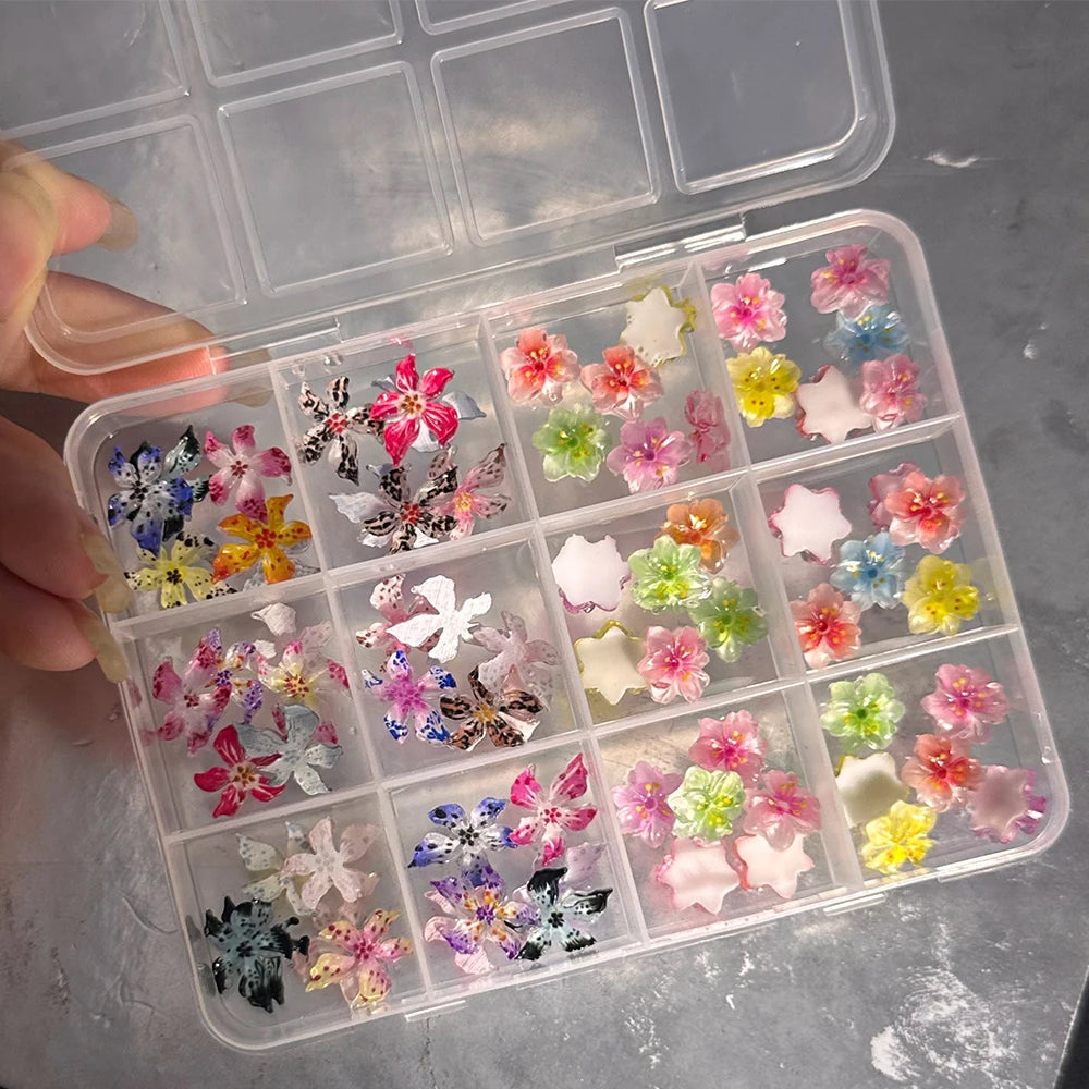 72Pcs 3D Crystal Jelly Soft Spotted Flower Nail Charms Transparent Leopard Lily Hibiscus Hawaiian Floral Nail Decor Nail Supplie
