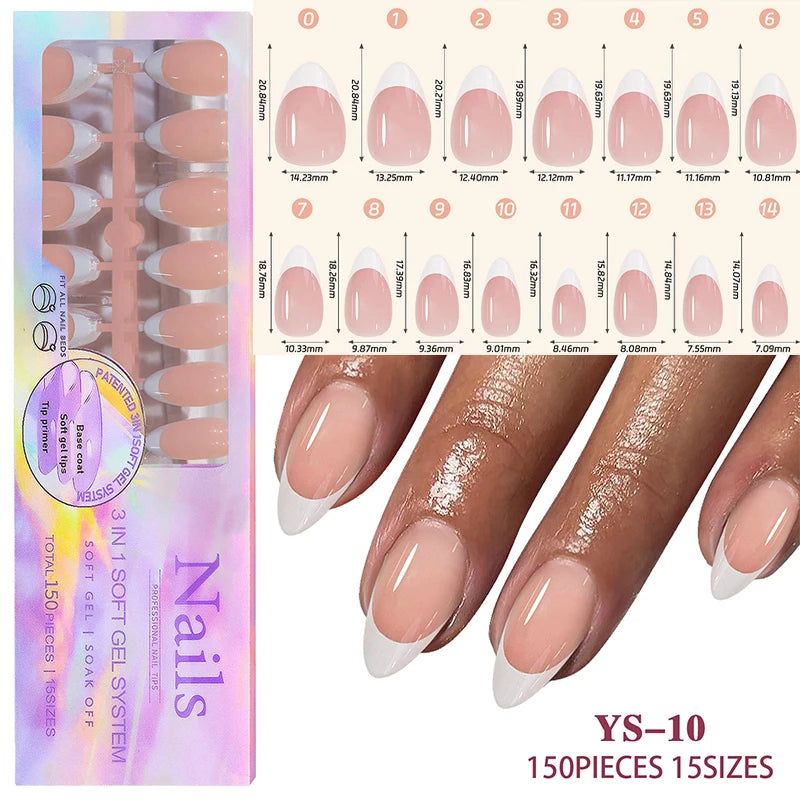 150Pcs/Box Acrylic Press on Nails Full Cover Fake False Tips Soft Gel Extension T-shaped Oval Capsule Almond Sculpted Salon DIY